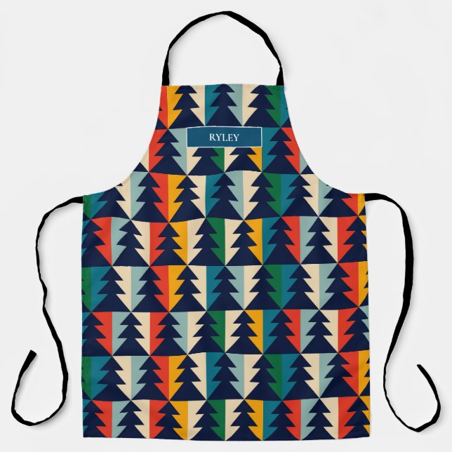 Festive Colourful Christmas Trees Pattern Monogram Apron (Front)