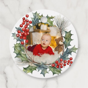 Festive Colourful Christmas Watercolor Photo Wreat Favour Tags