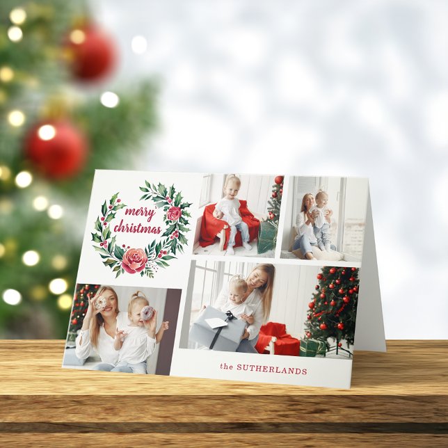 Festive Colourful Christmas Wreath Photo Collage Holiday Card (Creator Uploaded)