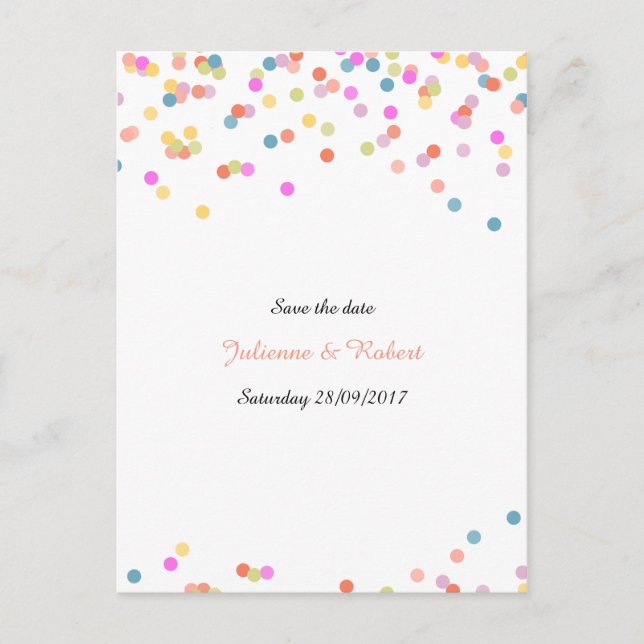 Festive Colourful Confetti Save the Date Postcard (Front)