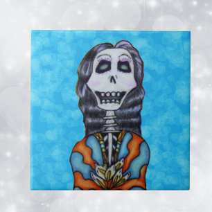 Festive Colourful Day of Dead Female Skeleton Aqua Tile