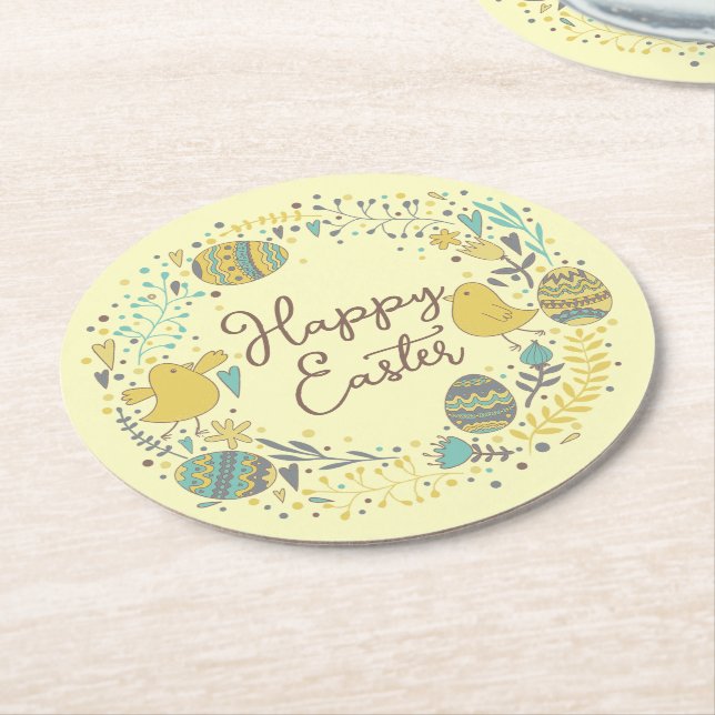 Festive Colourful Happy Easter Chicks & Wreath Round Paper Coaster (Angled)