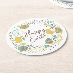 Festive Colourful Happy Easter Chicks & Wreath Round Paper Coaster