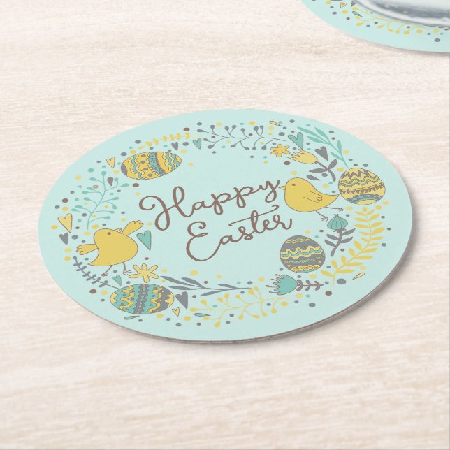Festive Colourful Happy Easter Chicks & Wreath Round Paper Coaster (Angled)