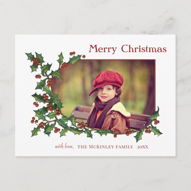 Festive Colourful Holly, Greeting & Photo Postcard (Front)