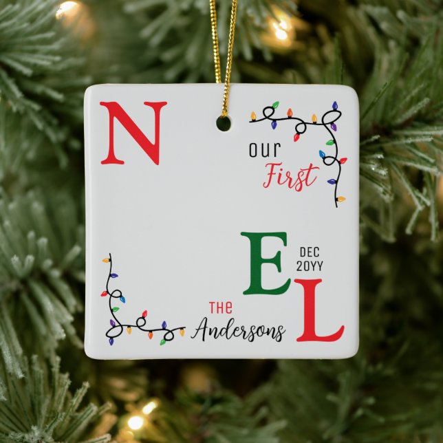 Festive Colourful Keepsake Family Photo First Noel Ceramic Ornament (Tree)