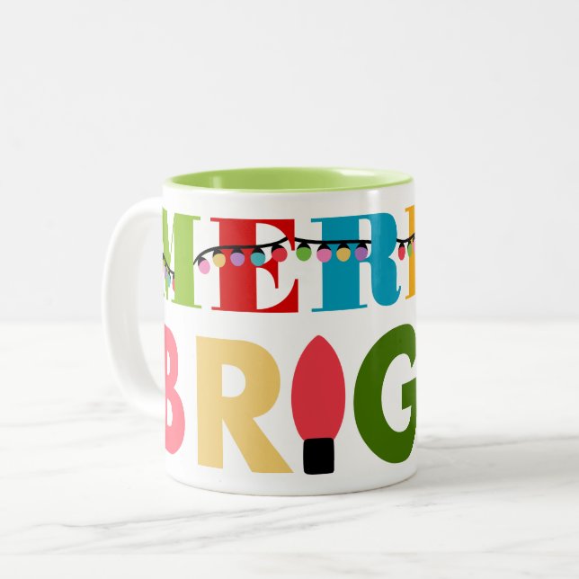 Festive Colourful Merry & Bright Christmas Lights Two-Tone Coffee Mug (Front Left)