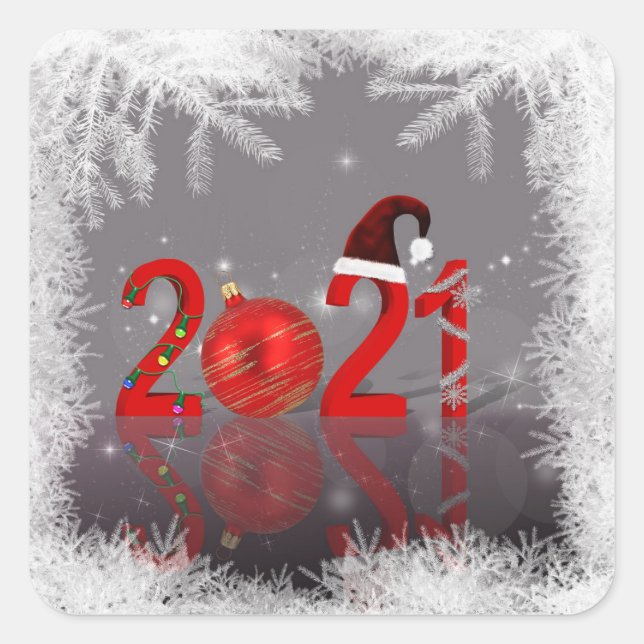 Festive Colourful Merry Christmas New Year 2021 Square Sticker (Front)