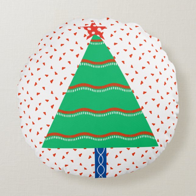 Festive Colourful Patchwork Christmas Tree Round Cushion (Front)