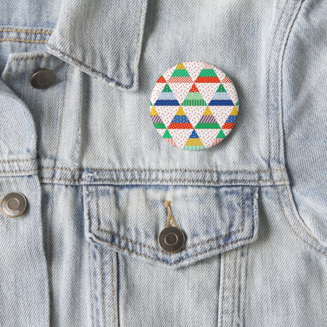 Festive Colourful Patchwork Christmas Triangles 6 Cm Round Badge (In Situ)