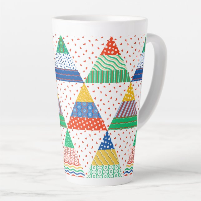 Festive Colourful Patchwork Christmas Triangles Latte Mug (Right Angle)