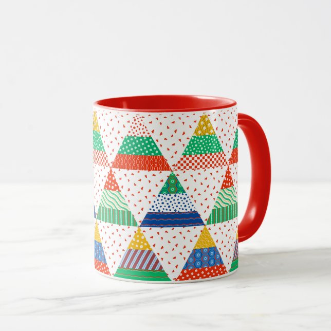 Festive Colourful Patchwork Christmas Triangles Mug (Front Right)
