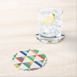 Festive Colourful Patchwork Christmas Triangles Paper Coaster