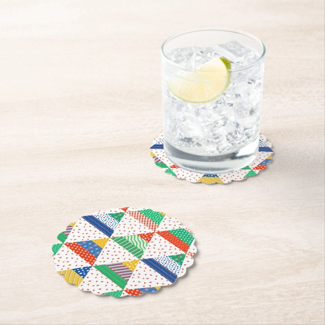 Festive Colourful Patchwork Christmas Triangles Paper Coaster (Insitu)