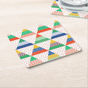 Festive Colourful Patchwork Christmas Triangles Square Paper Coaster