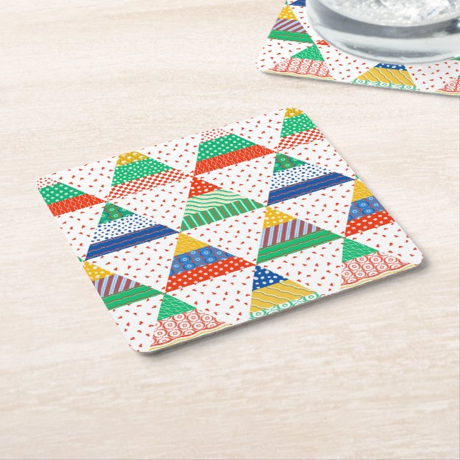 Festive Colourful Patchwork Christmas Triangles Square Paper Coaster (Angled)