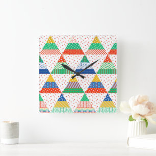 Festive Colourful Patchwork Christmas Triangles Square Wall Clock