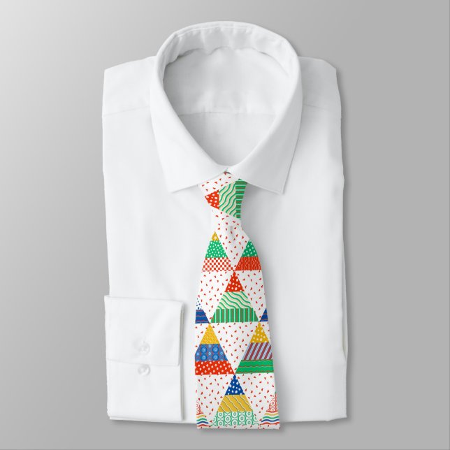 Festive Colourful Patchwork Christmas Triangles Tie (Tied)