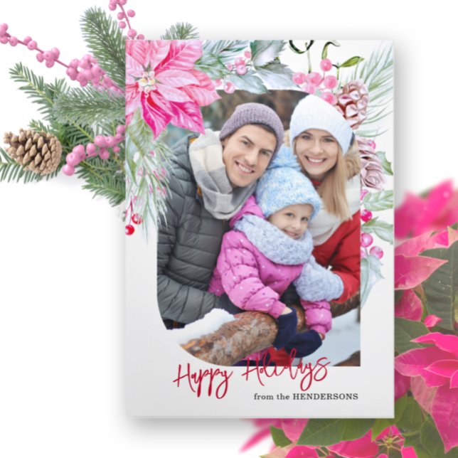 Festive Colourful Pink Poinsettias Photo Tri-Fold Card (Creator Uploaded)