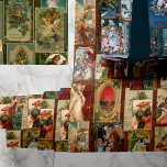 Festive Colourful Vintage Christmas Card Collage Wrapping Paper Sheet<br><div class="desc">Festive and colourful holiday collage featuring vintage Christmas cards from the Victorian era including Santa,  angels,  stars,  seasonal flowers and cheery greetings on dark ruby red,  dark olive green and deep blue backgrounds.</div>