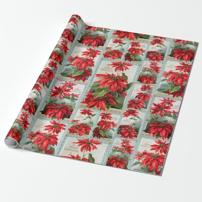 Festive Colourful Vintage Poinsettias Wrapping Paper (Unrolled)