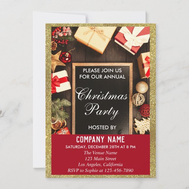 Festive Company Christmas Party Red & Gold Glitter Invitation (Front)