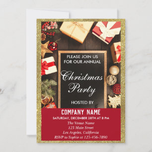 Festive Company Christmas Party Red & Gold Glitter Invitation