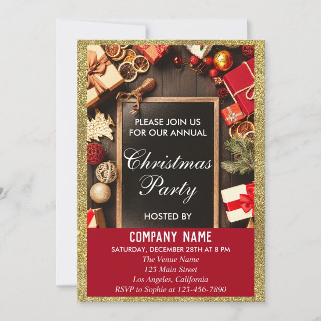 Festive Company Christmas Party Red & Gold Glitter Invitation (Front)