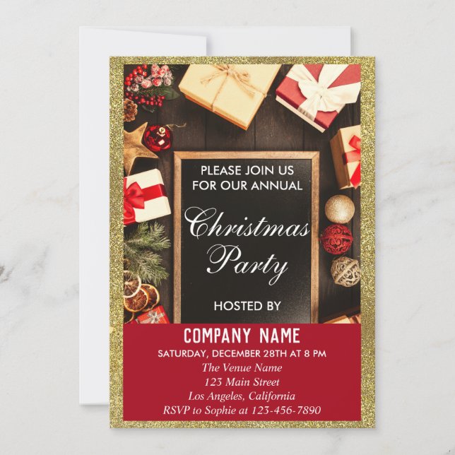 Festive Company Christmas Party Red & Gold Glitter Invitation (Front)