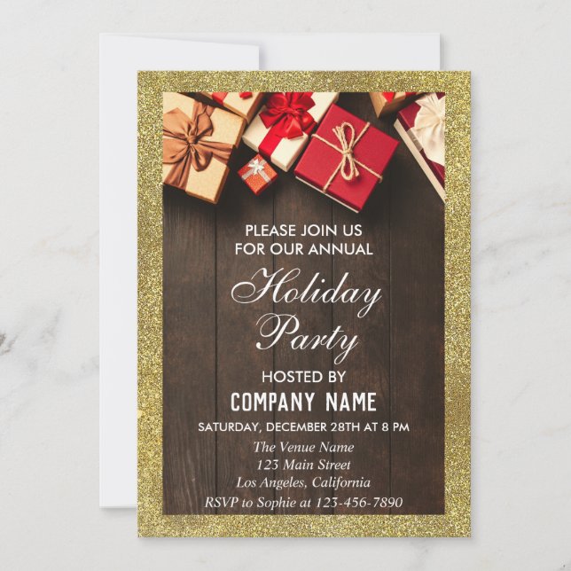 Festive Company Holiday Party Gifts Gold Glitter Invitation (Front)