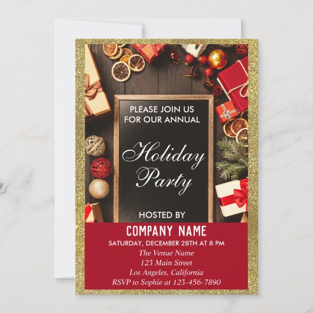 Festive Company Holiday Party Red & Gold Glitter Invitation (Front)