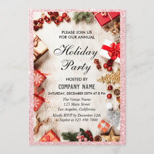 Festive Company Holiday Party Rose Gold Glitter Invitation