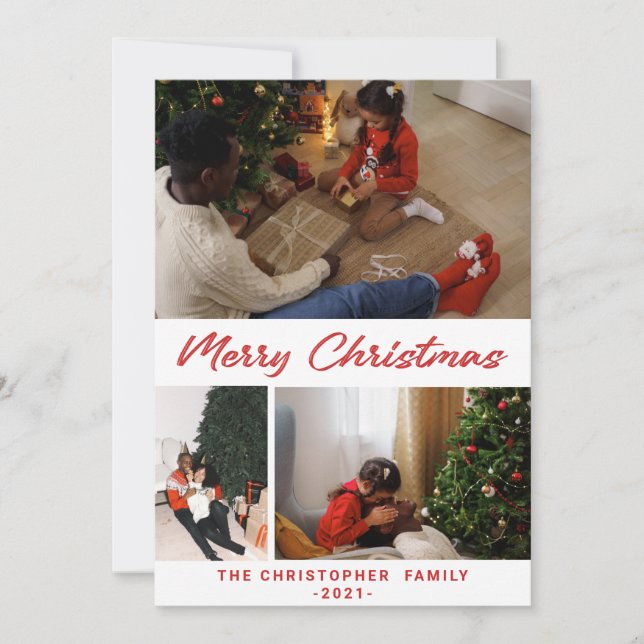 Festive Confetti Merry Christmas 3 Photo Collage H Holiday Card (Front)