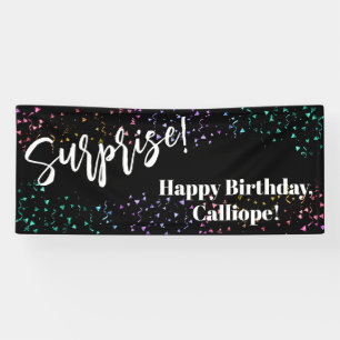 Festive Confetti Surprise Birthday Party Black Banner