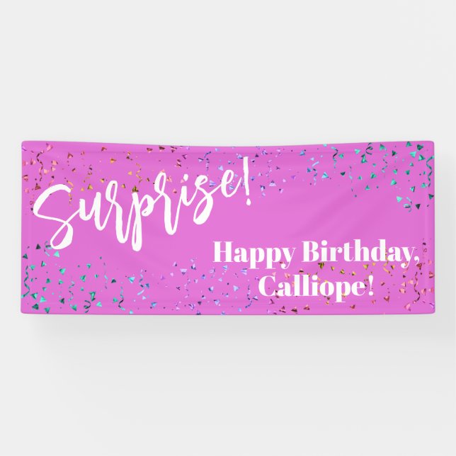 Festive Confetti Surprise Birthday Party Pink Banner (Horizontal)