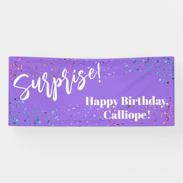 Festive Confetti Surprise Birthday Party Purple Banner (Horizontal)