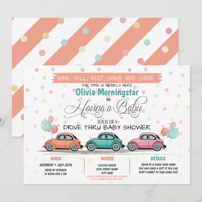 Festive Coral Drive By Baby Shower Parade Invitation (Front/Back)