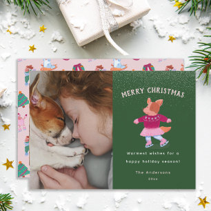 Festive Corgi Ice Skating Green Christmas  Holiday Card