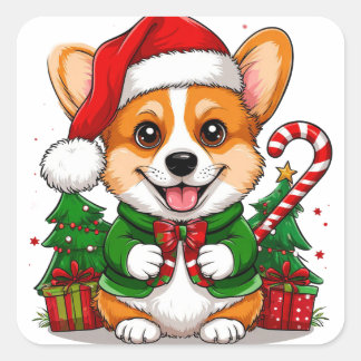 Festive Corgi Wearing Santa Hat And Christmas Swea Square Sticker