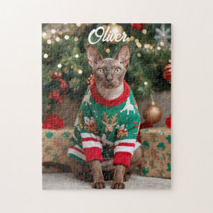 Festive Cornish Rex Cat Christmas Personalized Jigsaw Puzzle