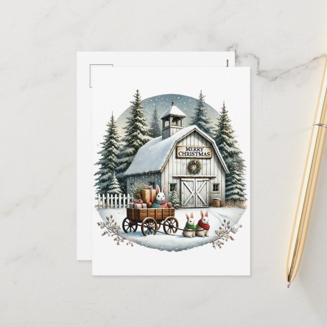 Festive Country barn Merry Christmas Holiday Postcard (Front/Back In Situ)