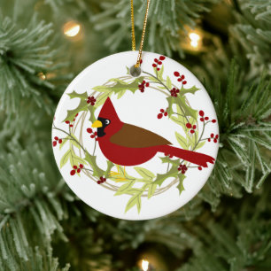 Festive Country cardinal add message Ceramic Tree Decoration