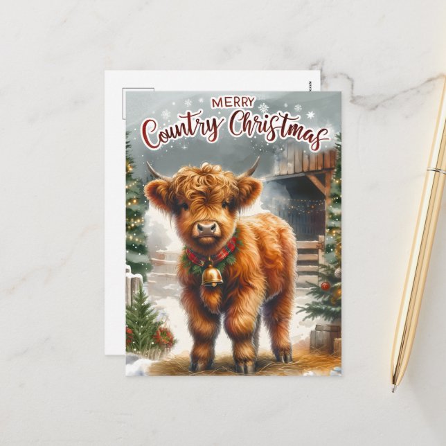 Festive Country Highland cow add message  Holiday Postcard (Front/Back In Situ)