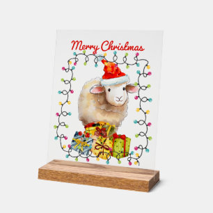 Festive Country Merry Christmas word art sheep Acrylic Sign