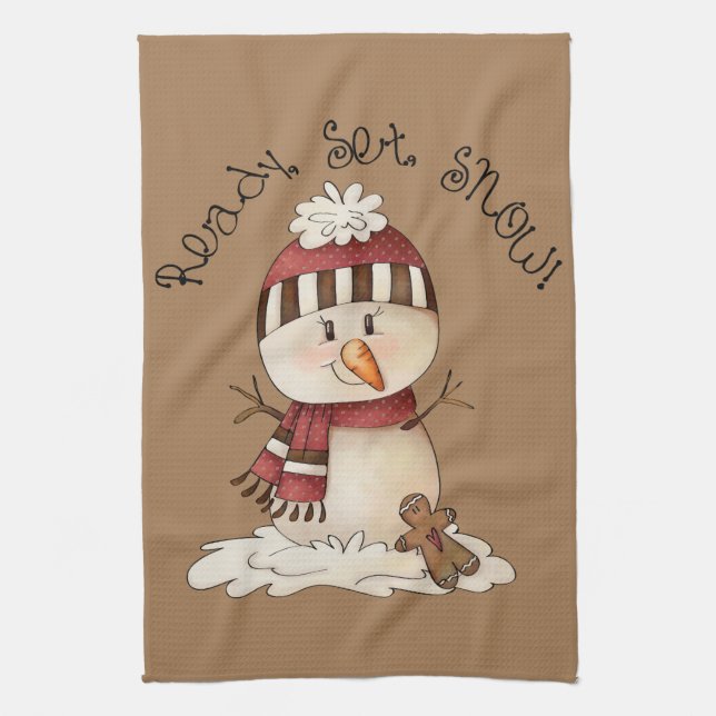 Festive Country snowman ready set snow Tea Towel (Vertical)