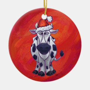 Festive Cow in Santa Hat on Red Ceramic Tree Decoration