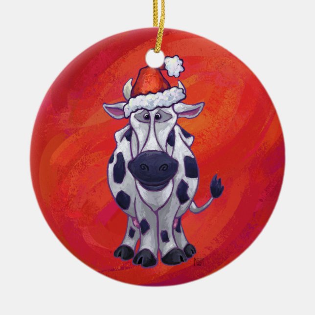 Festive Cow in Santa Hat on Red Ceramic Tree Decoration (Front)