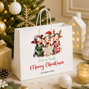Festive cow watercolor red green Christmas gift ba Large Gift Bag