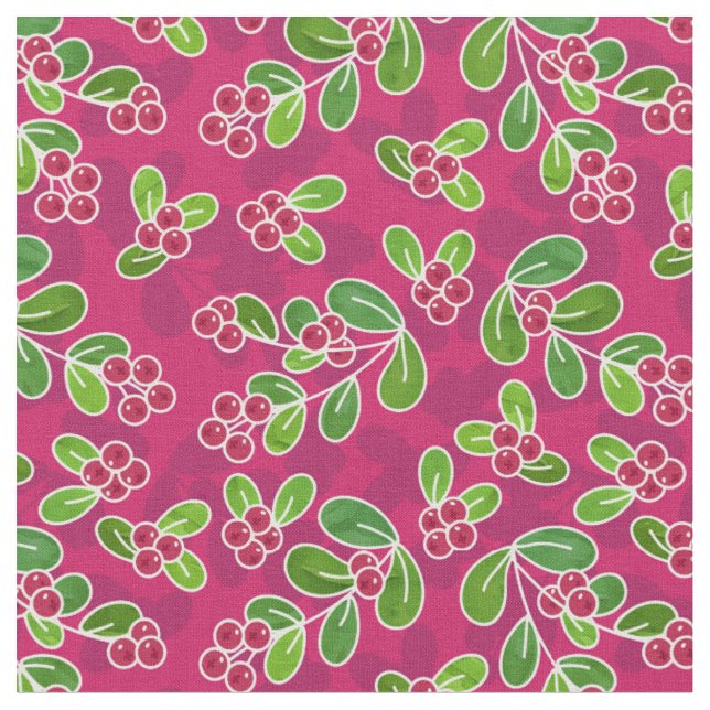 Festive Cranberry Foliage Pattern, Fuchsia  Fabric (Close Up)