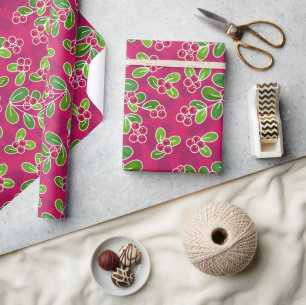 Festive Cranberry Foliage Pattern, Fuchsia Wrapping Paper